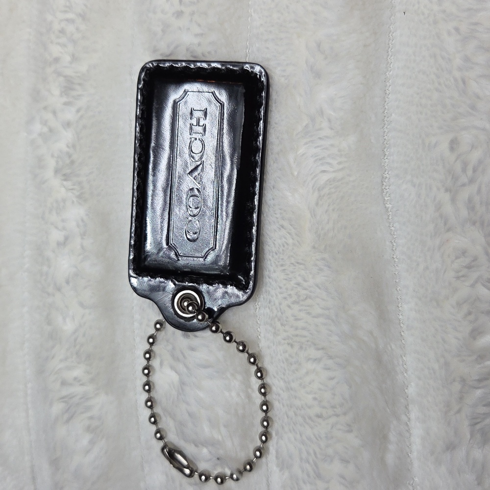 COACH 2.5" BLACK PATENT Leather SILVER Keyring Hangtag Purse Charm